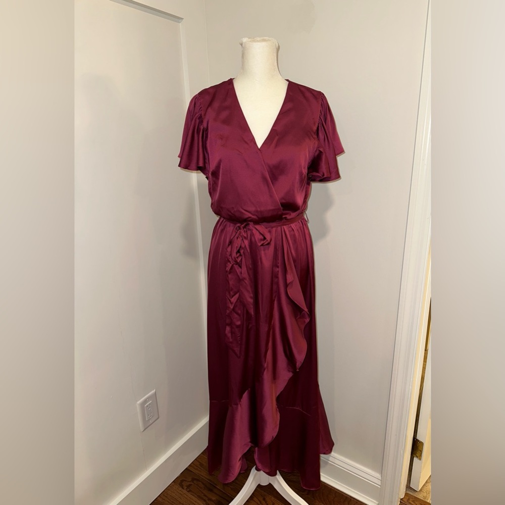 Ruffle Satin Wrap Midi Dress